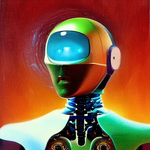 Prompt: artificial intelligence-powered robot, in a galactic setting future technology ultra-realistic in the colourful style of leonardo da vinci artstation hd oil painting and edward hooper, deviant artstation iridescent