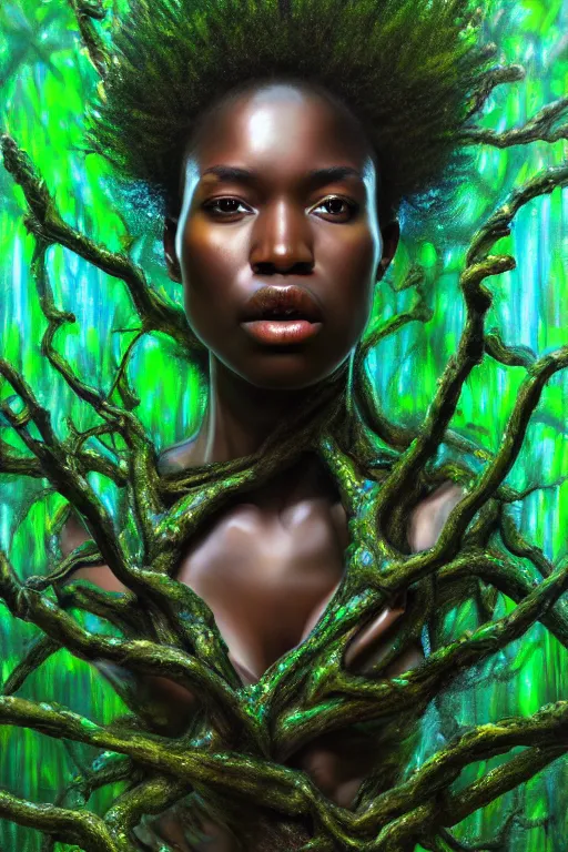 Image similar to hyperrealistic post - baroque super expressive! black woman with exoskeleton armor, merging with tree in a forest, highly detailed digital art masterpiece smooth cam de leon eric zener dramatic pearlescent blue green light ground angle hd 8 k sharp focus