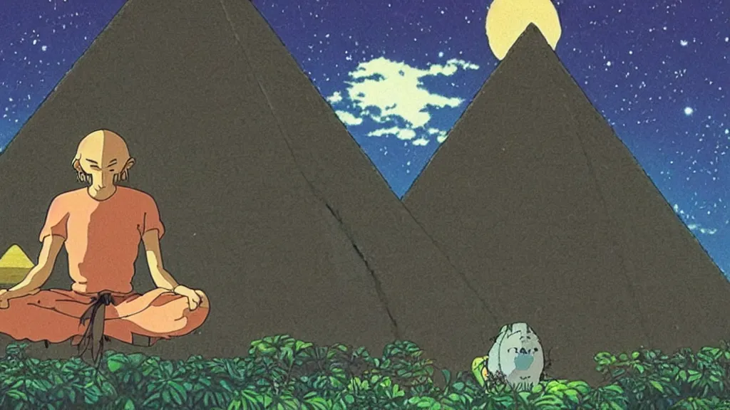 Prompt: a movie still from a studio ghibli film showing a huge demon meditating. a pyramid is under construction in the background, in the rainforest on a misty and starry night. a ufo is in the sky. by studio ghibli