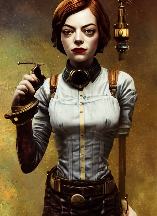 Prompt: Bioshock steampunk fallout portrait of Emma Stone, au naturel, hyper detailed, digital art, trending in artstation, cinematic lighting, studio quality, smooth render, unreal engine 5 rendered, octane rendered, art style by klimt and nixeu and ian sprigger and wlop and krenz cushart