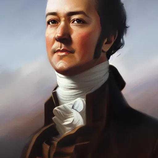 Image similar to modern day alexander hamilton closeup portrait, dramatic light, lake background, 2 0 0 mm focal length, painted by stanley lau, painted by greg rutkowski, painted by stanley artgerm, digital art, trending on artstation