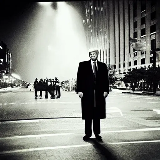 Image similar to “Very photorealistic photo of Donald Trump standing in the middle of Fifth Avenue and shooting somebody, atmospheric lighting, award-winning”