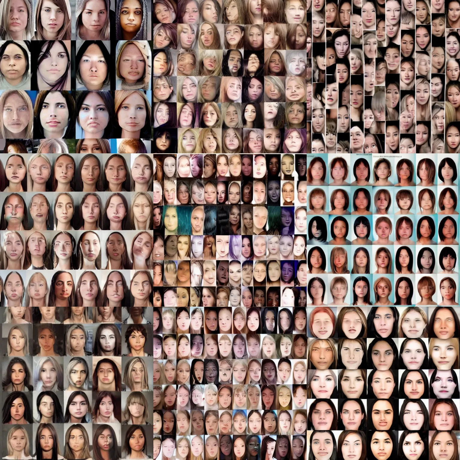 Prompt: a hundred female faces with different hair color and skin tones, ocean of faces, so many faces, just a ton of faces