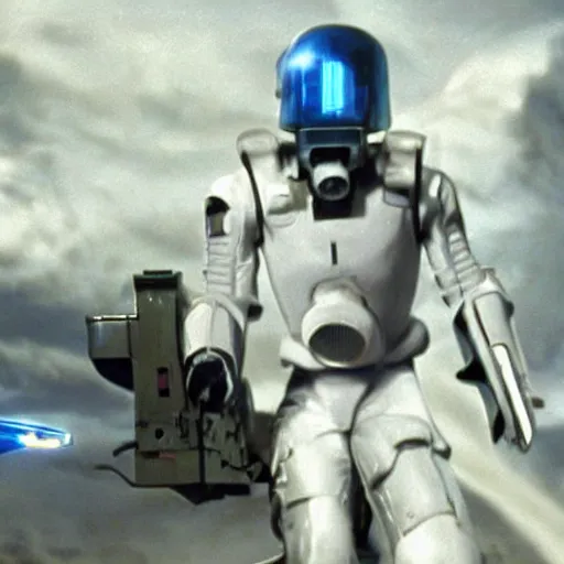 Prompt: movie photograph of an old man who is a veteran of many futuristic wars with short gray hair and blue eyes. he is wearing a white futuristic suit of heavy combat armor and holding a blaster in one hand and a plaster plasma - proof shield in the other. riding a white armored motorcycle charging into enemy lines while firing plasma bolts. futuristic battle.