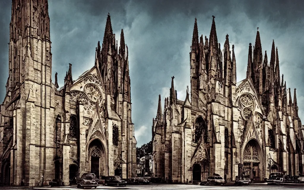 Prompt: street view of a cathedral made of flesh and bones, realistic, old color photograph, dynamic composition, creepy