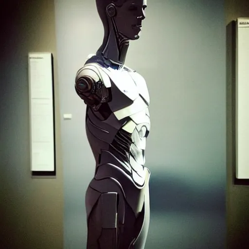 Image similar to “a realistic detailed photo of a guy who is an attractive humanoid who is half robot and half humanoid, who is a male android, actor Grant Gustin, shiny skin, posing like a statue, blank stare, at the museum, on display”