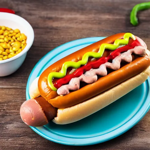 Image similar to promotional photo of a delicious hot dog, with baked beans, mustard, ketchup, brussel sprouts, cereal on top, detailed, uhd, 8k,