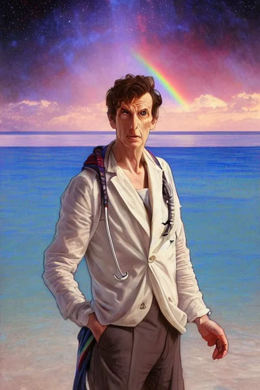 Image similar to doctor who, william hartnel on a beach, wearing a blue shirt with horizontal rainbow stripe, the ocean in the background, swirling colourful stars in the background, art by artgerm and greg rutkowski and alphonse mucha