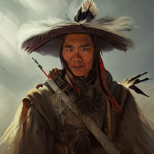 Image similar to a cheyenne warrior who is three hundred years old and realizes death is near, by yuumei, bayard wu, wlop, tim white, ross tran, photorealistic, 4 k