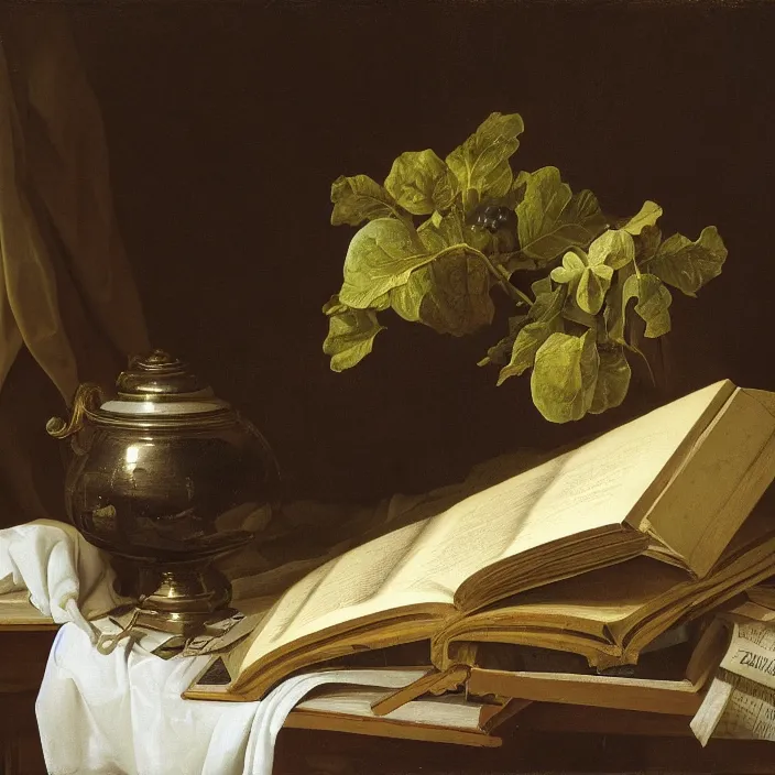 Image similar to still life painting of large book and greenery by pieter claesz, oil on canvas, strong lighting, highly detailed, hyper realism, golden hour, god rays, hd, 4 k