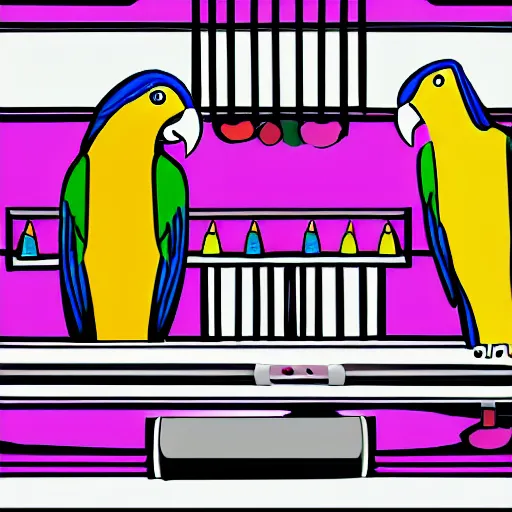 Prompt: Two parrots behind a bar. One of them is pouring a beer. Digital art