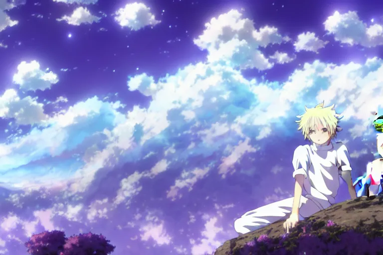 Image similar to a vast scene, panorama distant view, anime art full body portrait character concept art, hyper detailed scene render of a boy and a white lion, anime key visual of violet evergarden, finely detailed perfect face delicate features directed gaze, in the white clouds fairyland, trending on pixiv fanbox, violet evergarden, studio ghibli, james jean, extremely high quality artwork