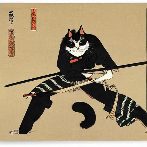 Prompt: illustration of japan cat with katana by takato yamamoto, by yoshitoshi abe, by makoto shinkai