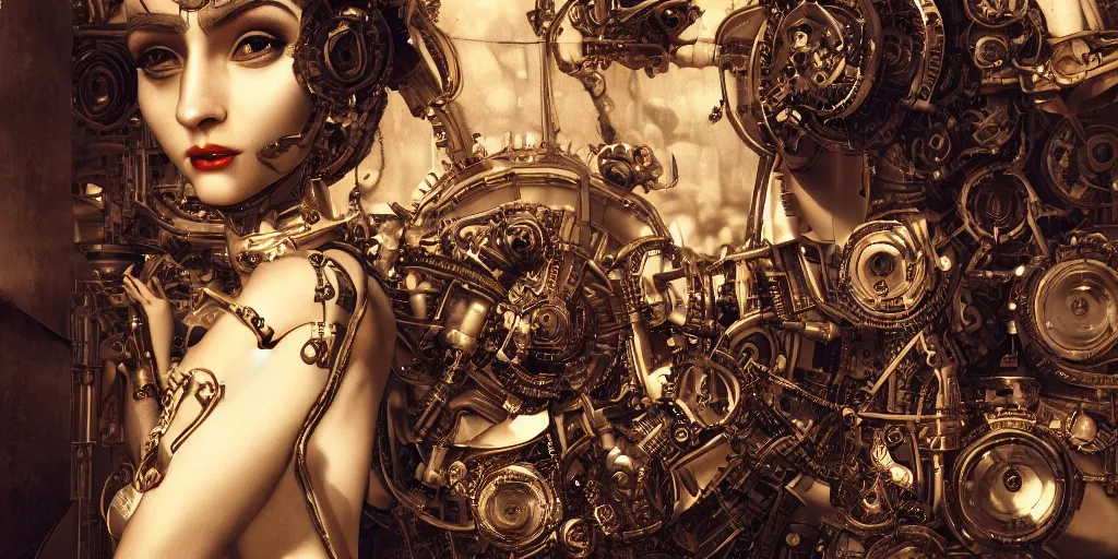 Prompt: portrait of a Mechanical girl, ornamental, photorealism, wide angle, cinematic atmosphere, elaborate, highly detailed, ornate, shiny, dramatic lighting, octane render, digital illustration by William Mortensen,-H 1024