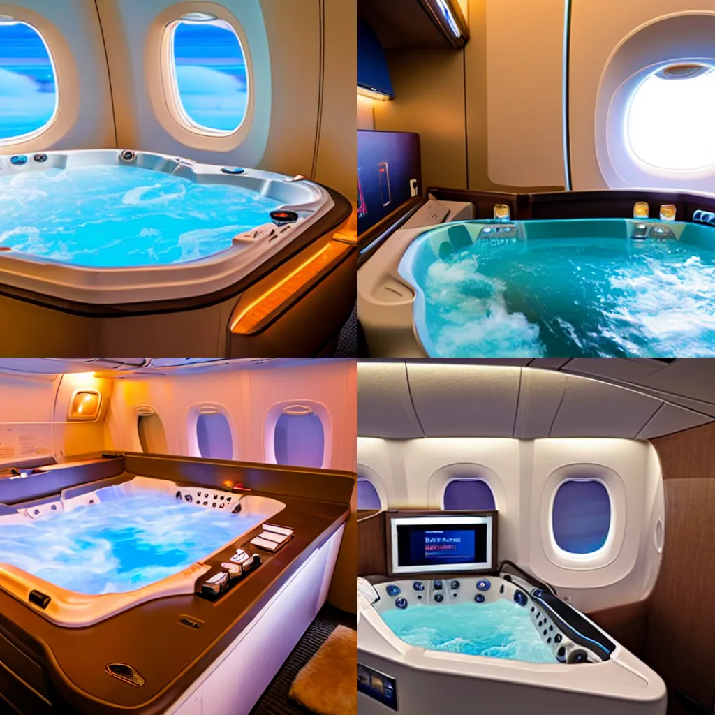 Prompt: a hot tub in a first class cabin of an American Airlines plane