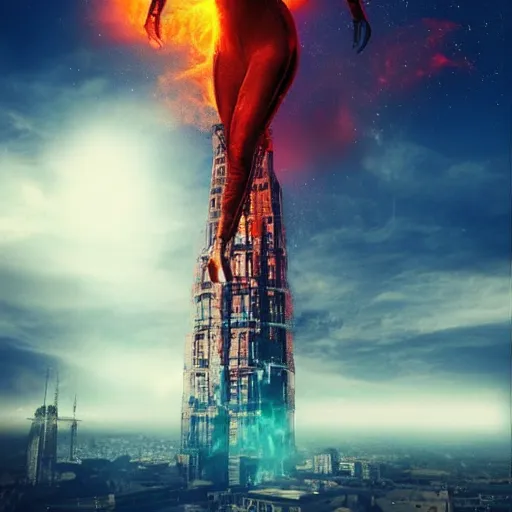 Prompt: a woman up there, sci - fi, on fire, giant, photoshop, creative and cool, photo manipulation