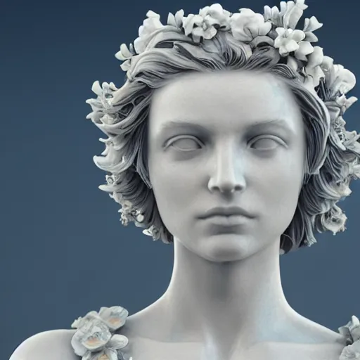 Image similar to an idealistic marble statue with flowery hair in a fractal garden, unreal engine, 8k render, beautiful, full frame,