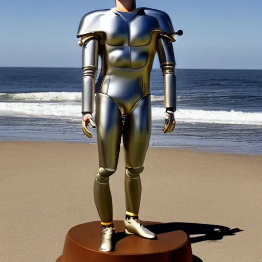 Image similar to a realistic detailed photo of a guy who is an attractive humanoid who is half robot and half humanoid, who is a male android, football player christian mccaffrey, shiny skin, posing like a statue, blank stare, by the beach, on display