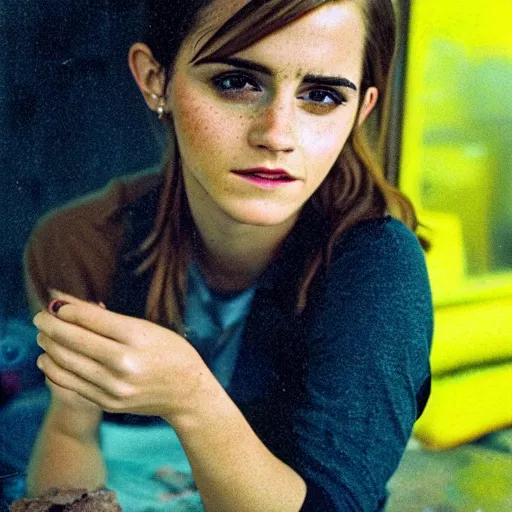 Prompt: photo, close up, emma watson in a hi vis vest, chewing tobacco, mouth full, portrait, kodak gold 2 0 0,