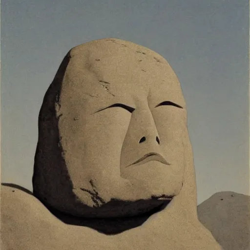 Image similar to accurate by he jiaying, by peder balke. a land art of a large granite boulder carved to resemble a human face. the nose is slightly upturned, & the eyes & mouth are closed.