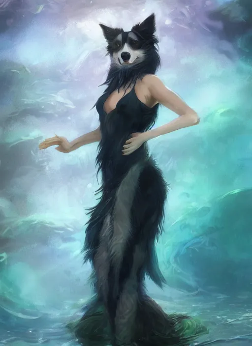 Image similar to beautiful wide angle full body portrait of a cute male anthropomorphic anthro border collie fursona wearing an evening gown underwater, character design by charlie bowater, henry asencio, and ross tran, scenic background, detailed, glamor pose, aesthetic, furry, trending on artstation, furaffinity, deviantart