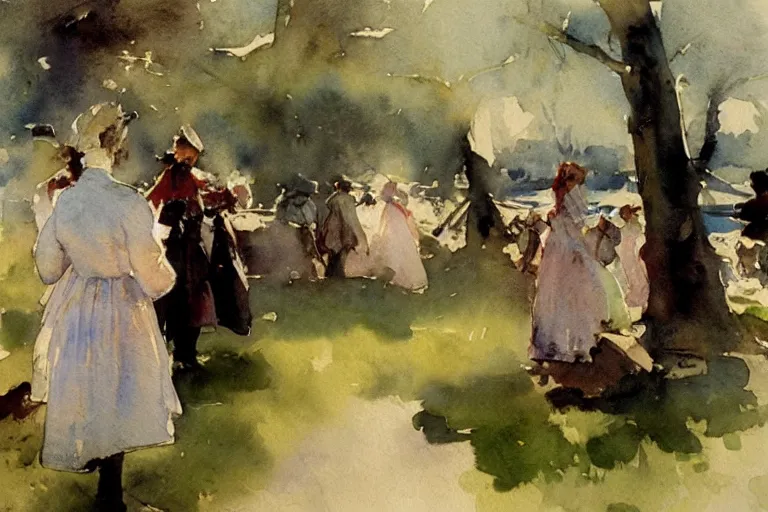 Image similar to abstract watercolor painting of first summer day, midsummer scandinavia, cinematic light, national romanticism by anders zorn