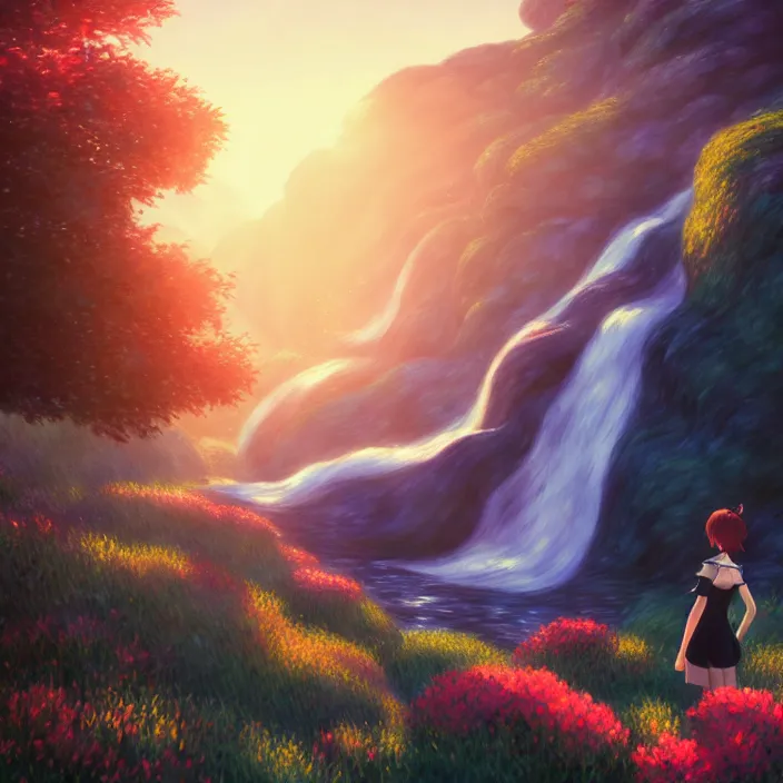 Image similar to an epic makoto shinkai and renoir surreal landscape of a woman's hair mixed with a waterfall, 🌺, golden hour, ultra smooth, lois van baarle, ilya kuvshinov, unreal engine, blender, trending on artstation, suntur, caleb worcester, highly detailed, photorealism, bloom effect 8 k