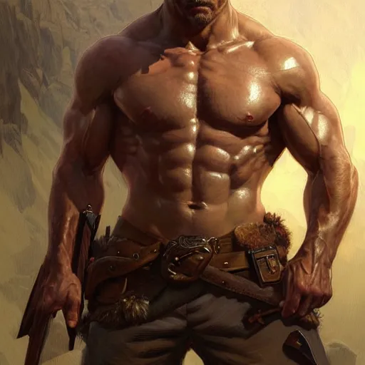 Image similar to portrait of a rugged ranger, muscular, upper body, blood, D&D, fantasy, intricate, elegant, highly detailed, digital painting, artstation, concept art, smooth, sharp focus, illustration, art by artgerm and greg rutkowski and alphonse mucha