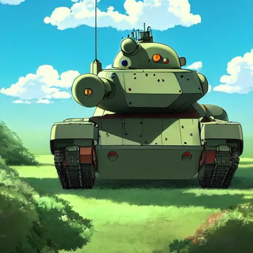 Prompt: a beautiful movie still in the style of Studio Ghibli anime showing a 3/4 view of an adorable humanoid tank mechs with tank treads. Studio Ghibli, aerial photography, wide angle lens, trending on artstation, trending on behance