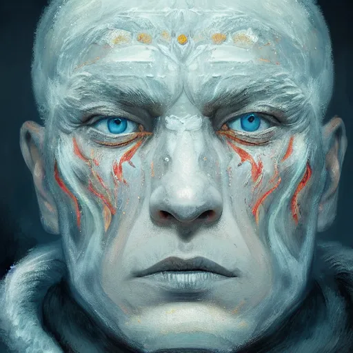 Prompt: Intricate five star Frost and Fire Demon facial portrait by Pablo Picasso and Greg Rutkowski, oil on canvas, HDR, cinematic, vibrant colors, photo realistic, hyperrealism,high detail, matte finish, high contrast, 3d depth, masterpiece, vivid colors, artstationhd