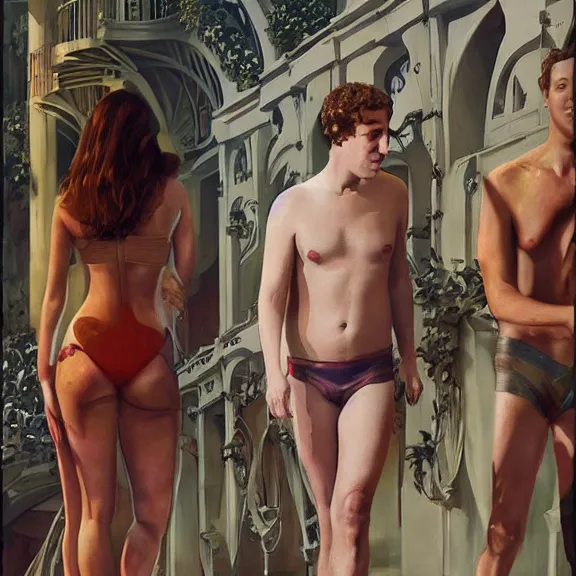 Prompt: mark zuckerberg trying on bikinis art nouveau matte painting, highly detailed,
