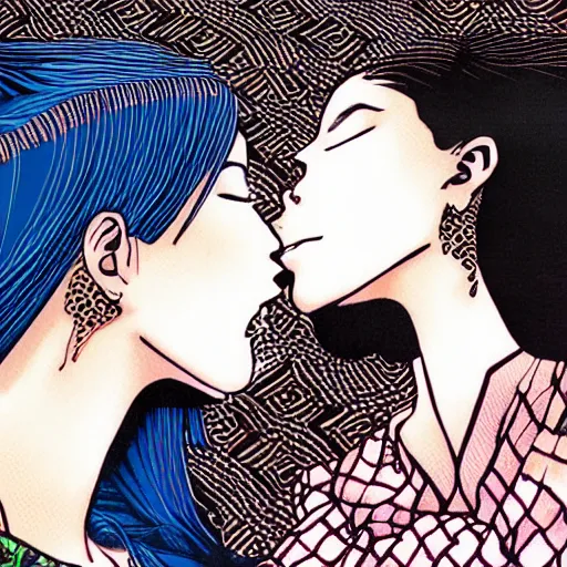 Prompt: closeup of two women made of patterns kissing each other, manga art by araki, jojo's bizarre adventure key visual