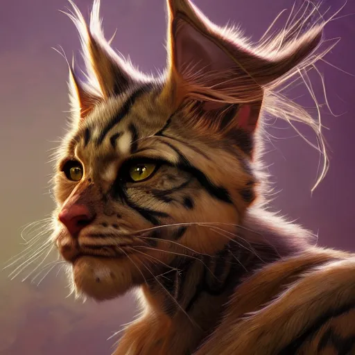 Image similar to portrait of a very cute fursona maine coon barbarian, muscular, wild, d & d, fantasy, intricate, full - length, cinematic lighting, highly detailed, digital painting, artstation, concept art, smooth, sharp focus, illustration, art by hajime sorayama