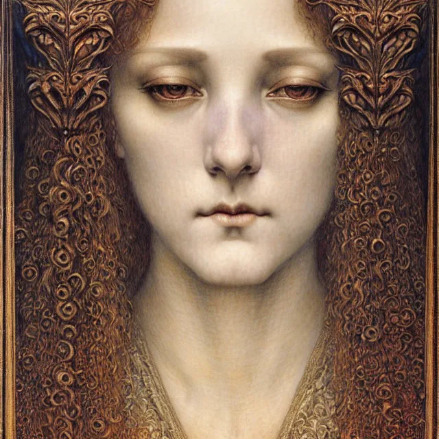 Image similar to detailed realistic beautiful young medieval queen face portrait by jean delville, gustave dore and marco mazzoni, art nouveau, symbolist, visionary, gothic, pre - raphaelite. horizontal symmetry