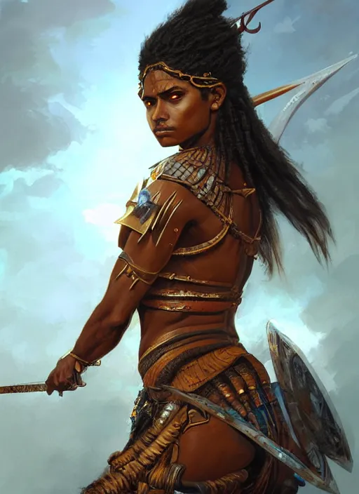 Prompt: highly detailed painting of a warrior goddess maldivian, tan skin, blue - eyes, high fantasy, dungeons and dragons art by jon foster trending on artstation painted by greg rutkowski, painted by stanley artgerm
