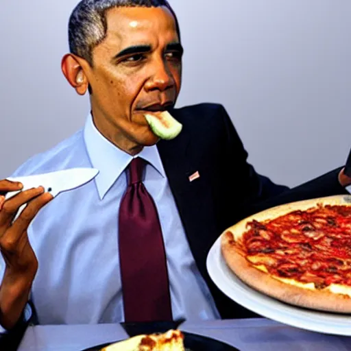 Image similar to obama elegantly eating pizza with a knife and fork