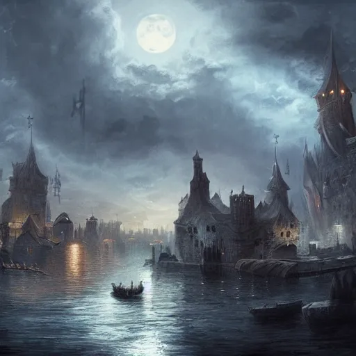 Prompt: medieval city floating above a sea in the moonlight with some puffs of clouds with a dark and gloomy theme, ultra fine detail, concept art, matte painting,