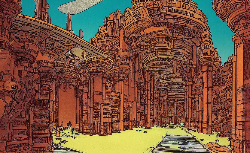 Image similar to the entrance into the giant temple of the future robot gods by moebius