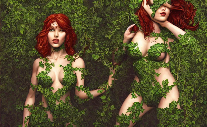 Image similar to poison ivy battle pose Batman wrapped up in vines, illustration, realistic eyes, artstation, cinematic lighting, hyperdetailed, detailed realistic symmetrical eyes, cgsociety, 8k, high resolution, Charlie Bowater, Tom Bagshaw, Norman Rockwell, insanely detailed and intricate, prison background