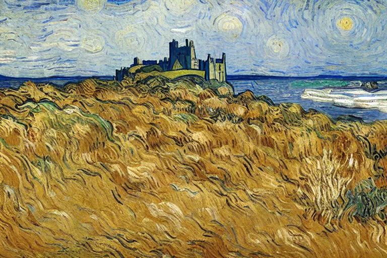 Prompt: landscape of bamburgh castle and beach painted by Vincent Van Gogh