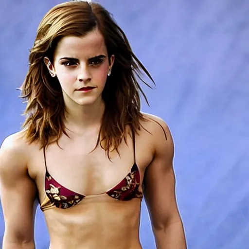 Image similar to emma watson, extremely muscular, cinematic, bodybuilder