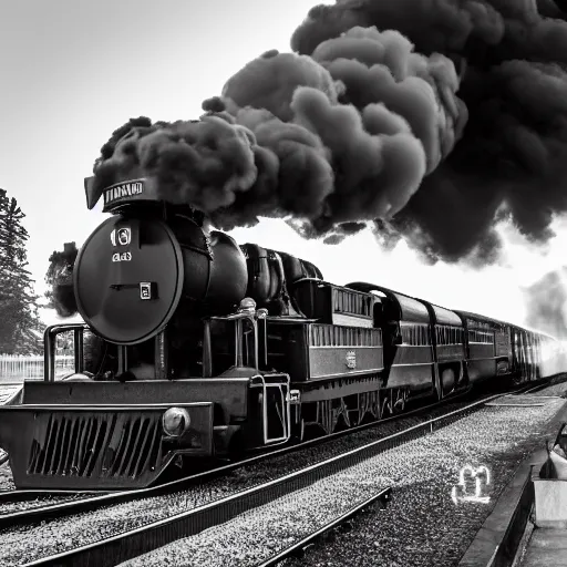 Prompt: train with steam locomotive leaving the station, dramatic cinematic angle and lighting, low angle camera, slow shutter light streaks