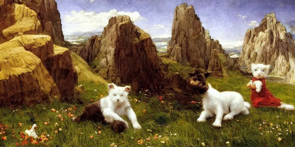 Prompt: 3 d precious moments plush animal, realistic fur, chalk cliffs, master painter and art style of john william waterhouse and caspar david friedrich and philipp otto runge