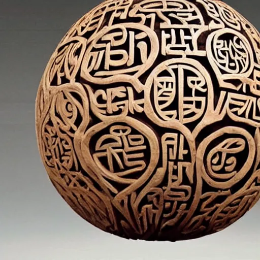 Prompt: : ancient language carved into sphere art installation gallery