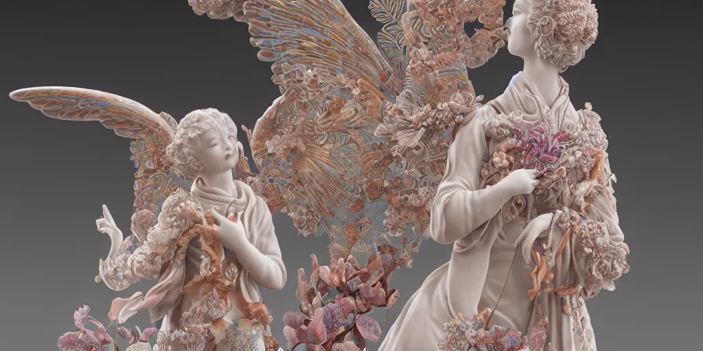 Image similar to A photo-real delicate ceramic porcelain sculpture of an ornate detailed angel in front of a intricate background by Victo Ngai and takato yamamoto, micro detail, backlit lighting, subsurface scattering, translucent, thin porcelain, octane renderer, colorful, physically based rendering, japanese pottery, colorful trending on cgsociety 'H 1024