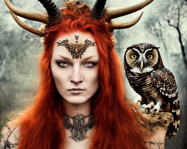 Prompt: 5 5 mm portrait photo of an armored gorgeous anesthetic redhead woman warrior with a face tattoo and horns growing from her head, and owl sitting on her shoulder in a magical forest in the style of stefan kostic, art by luis royo. highly detailed 8 k. intricate. lifelike. soft light. nikon d 8 5 0. cinematic post - processing