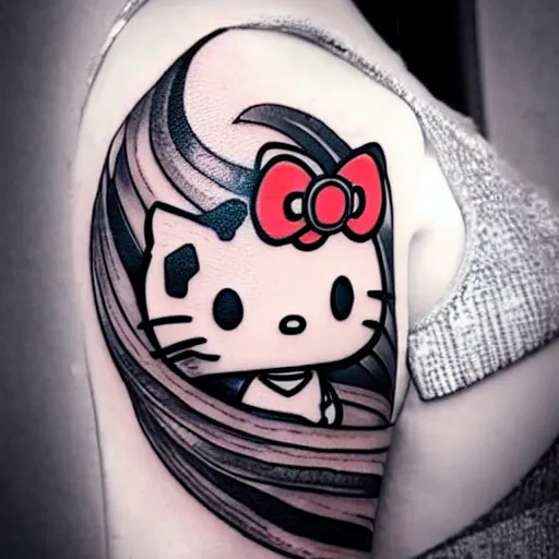 Image similar to beautiful gorgeous tattoo art of hello kitty, extremely intricate, professional art, striking pose, amazing