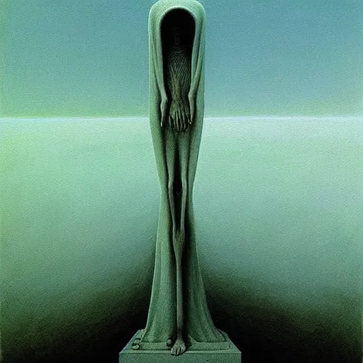 Image similar to dystopian surreal painting aliens in shrouds praying to a single eerie head statue surrounded by uneven buildings, artstyle by zdzisław beksinski