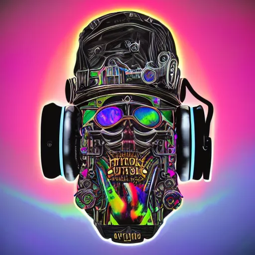 Prompt: mockup of a black tshirt with a hyperdetailed portrait of a steampunk robot with headphones on lsd, 8 k, symetrical, flourescent colors, trippy mood, multicolored,