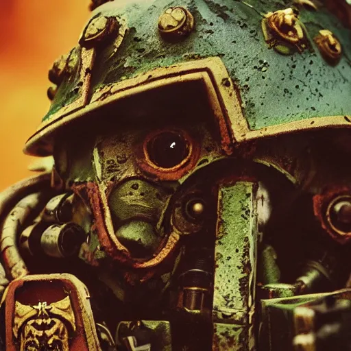 Image similar to Warhammer 40K Plague Marine portrait, photo, cinematic, cinestill 400t film